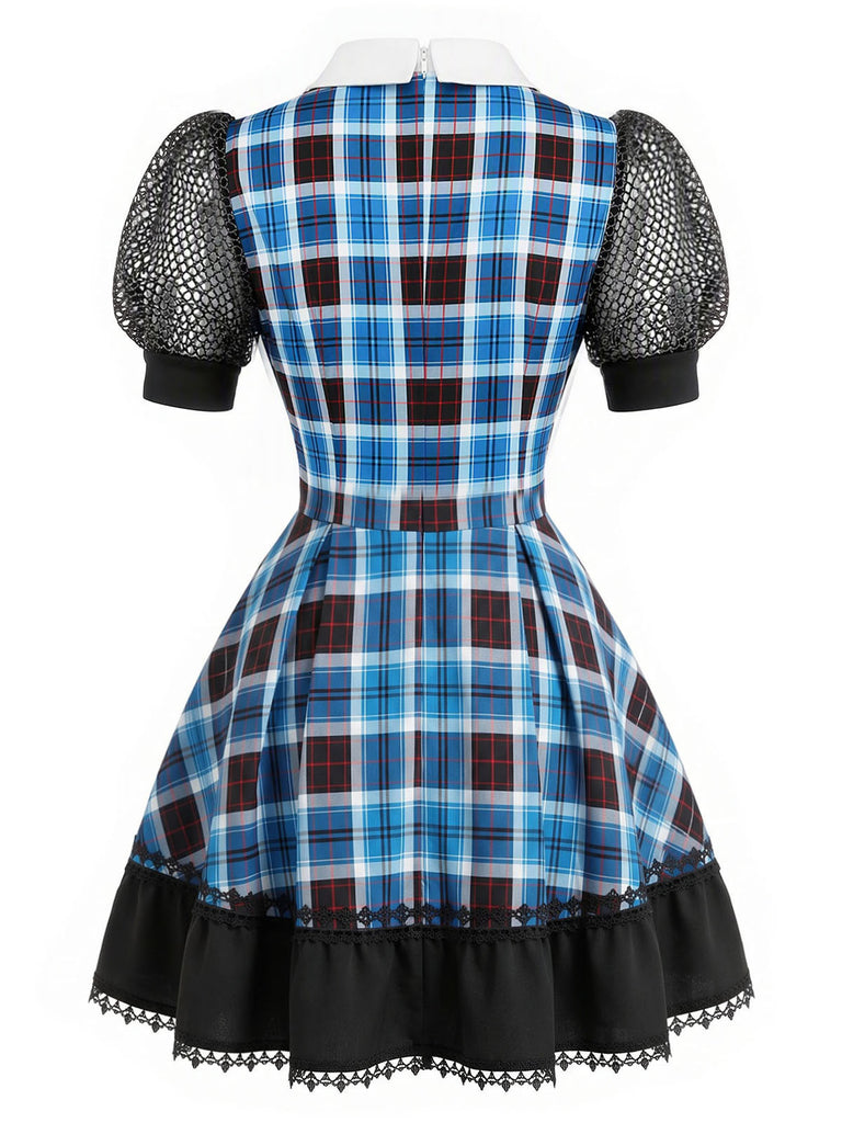[Prévente] Robe courte à carreaux, col Claudine et manches bouffantes années 1950