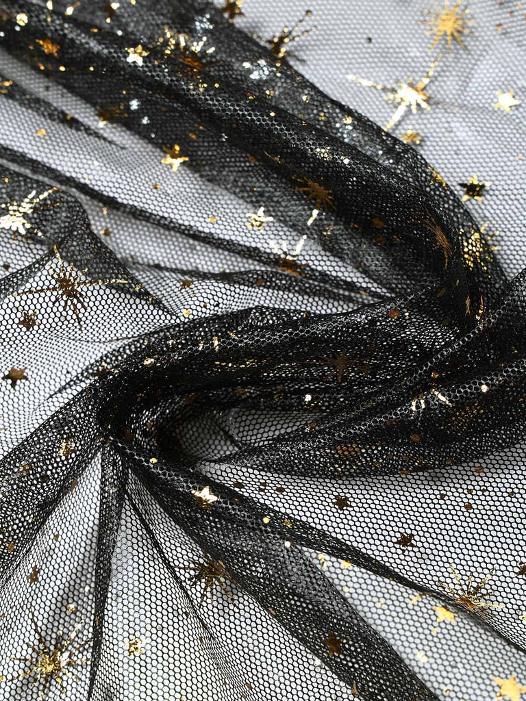 [Prévente] Robe noire en tulle céleste à épaules dénudées et manches cloche années 1950
