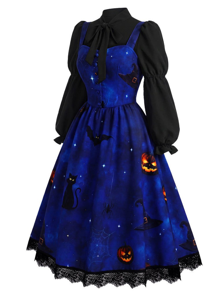[Prévente] Ensemble 2PCS robe à imprimé chats et citrouilles et blouse à manches virago années 1940