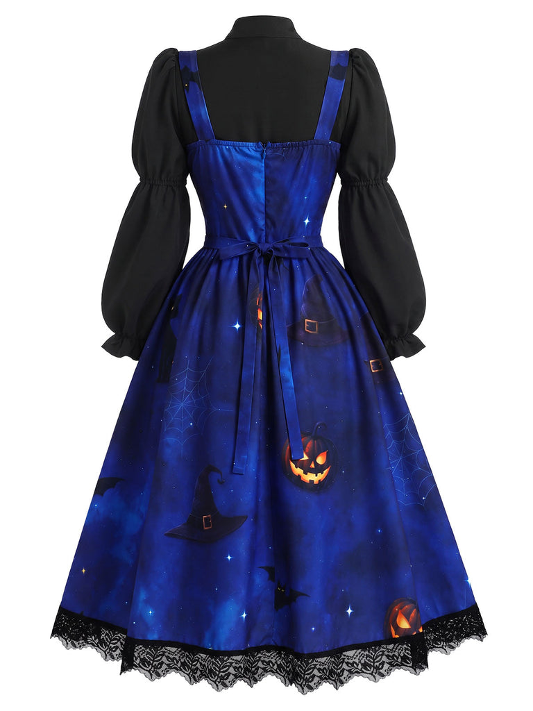 [Prévente] Ensemble 2PCS robe à imprimé chats et citrouilles et blouse à manches virago années 1940
