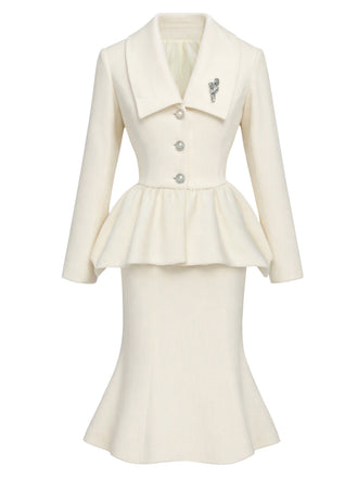 [Prévente] Ensemble deux pièces uni, manteau à col V et boutons et jupe sirène années 1940 - 2
