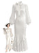 [Prévente] Robe sirène blanche en satin à nœud, dentelle et manches bouffantes années 1930