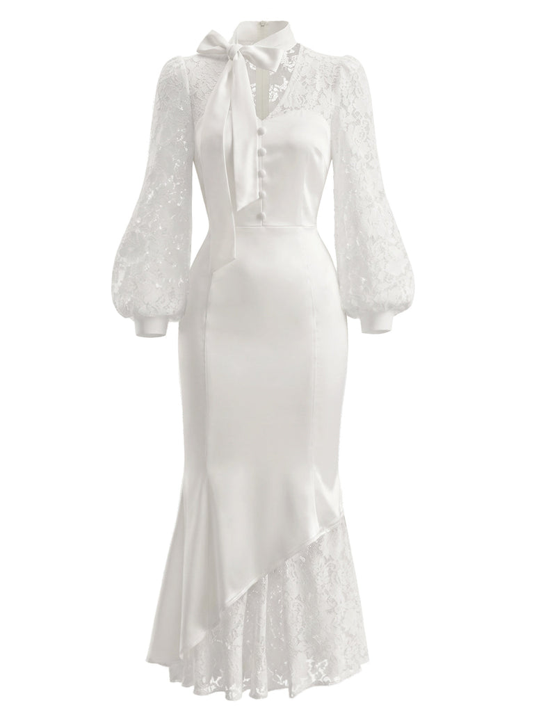 [Prévente] Robe sirène blanche en satin à nœud, dentelle et manches bouffantes années 1930