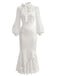 [Prévente] Robe sirène blanche en satin à nœud, dentelle et manches bouffantes années 1930