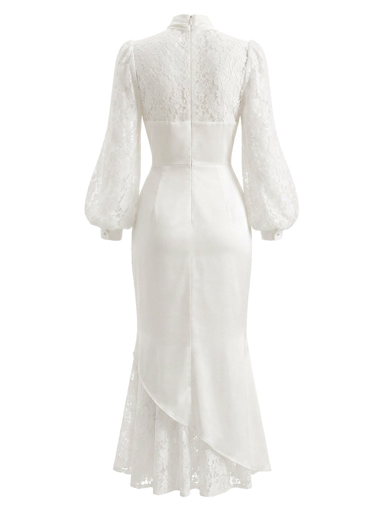 [Prévente] Robe sirène blanche en satin à nœud, dentelle et manches bouffantes années 1930