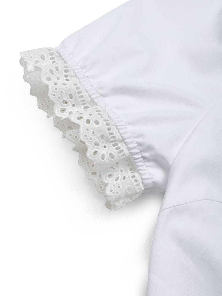 [Prévente] Robe blanche unie en dentelle à col V et nœud Années 1950 - 7
