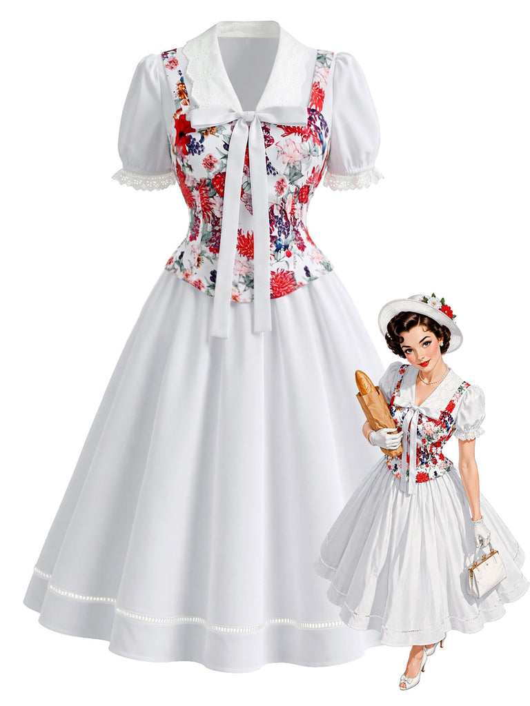 [Prévente] Ensemble corset à imprimé fleurs et robe blanche à nœud Années 1950 - 1