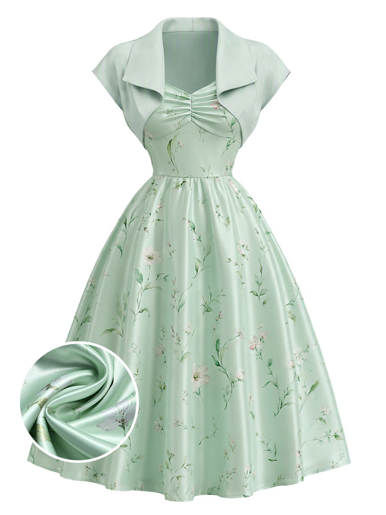 2PCS Robe florale satin chérie veste boléro années 1940