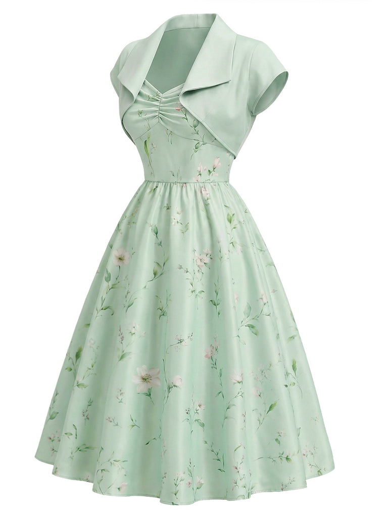 2PCS Robe florale satin chérie veste boléro années 1940