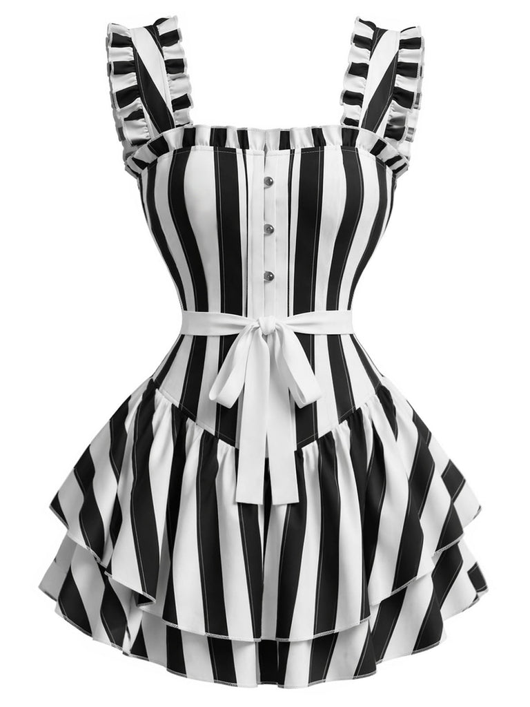 [Prévente] Robe noire et blanche rayée à volants étagés et ourlet volanté années 1950
