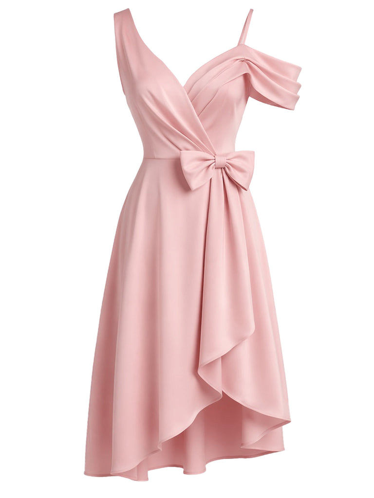 [Prévente] Robe de cocktail rose asymétrique à nœud et coupe évasée années 1950