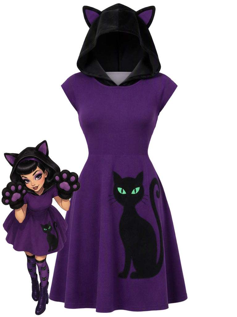 [Prévente] Robe violet profond à capuche avec oreilles de chat noir années 1960