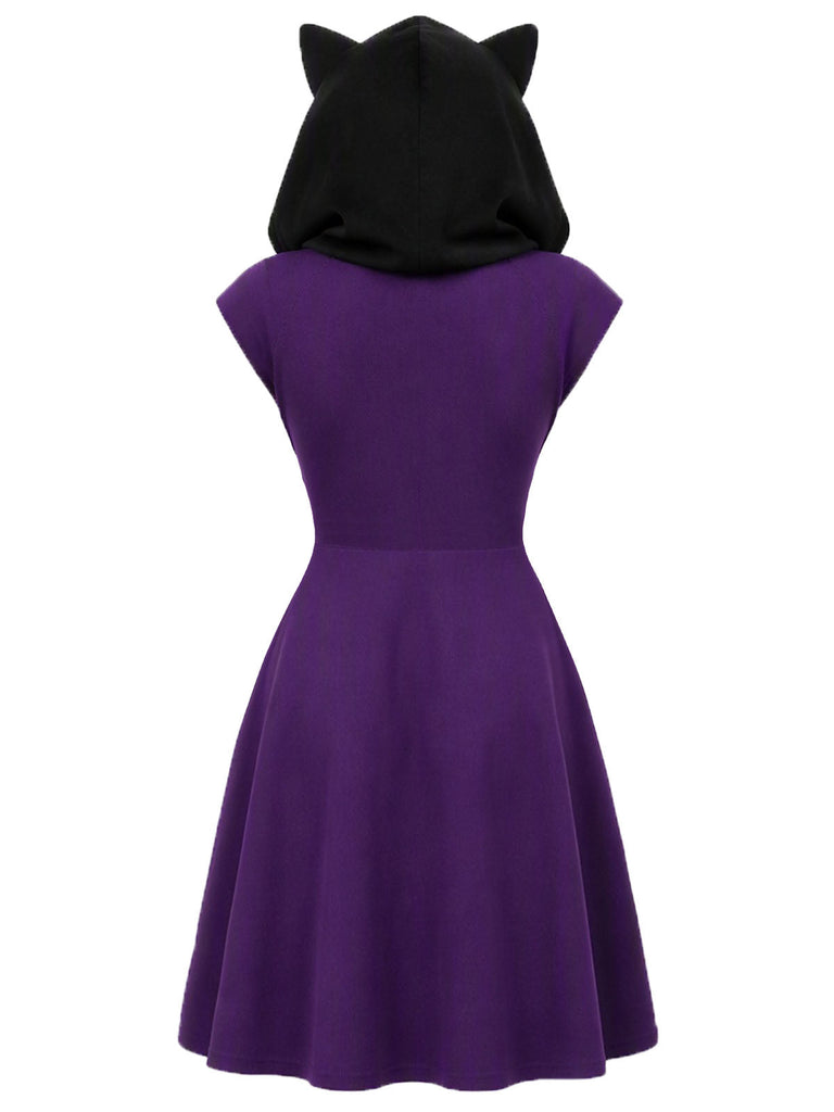 [Prévente] Robe violet profond à capuche avec oreilles de chat noir années 1960