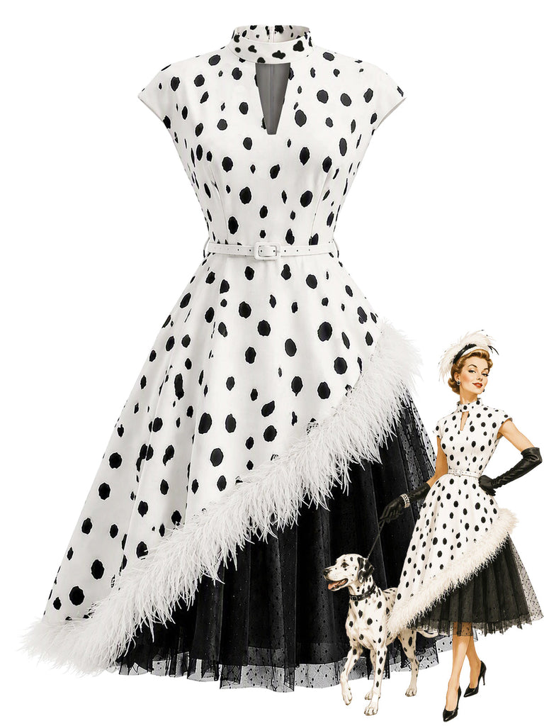[Prévente] Robe noire et blanche à pois, bordure plumes et ceinture années 1950
