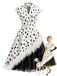 [Prévente] Robe noire et blanche à pois, bordure plumes et ceinture années 1950