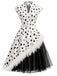 [Prévente] Robe noire et blanche à pois, bordure plumes et ceinture années 1950