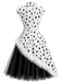 [Prévente] Robe noire et blanche à pois, bordure plumes et ceinture années 1950