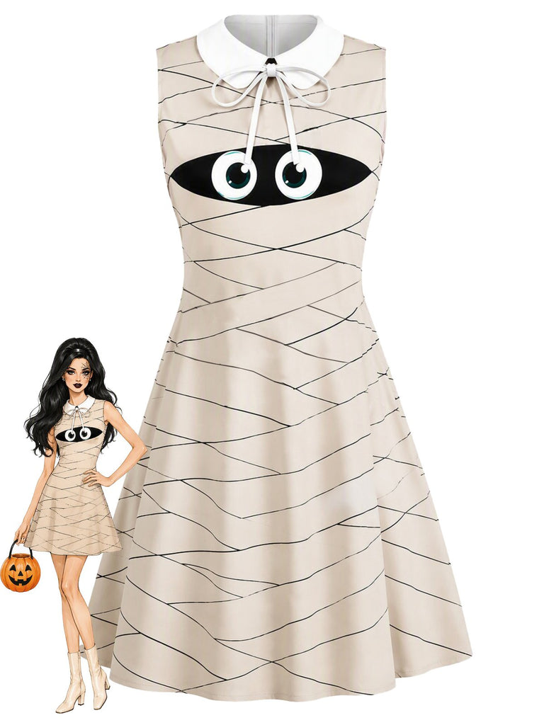 Robe beige sans manches momie d'Halloween col Peter Pan années 1960