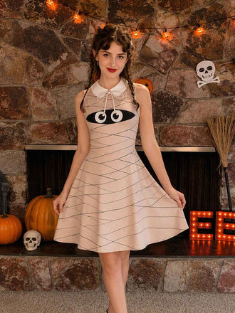 Robe beige sans manches momie d'Halloween col Peter Pan années 1960