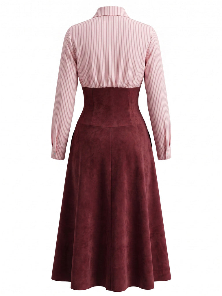 Robe chemise rayée en daim patchwork et boutonnée années 1930