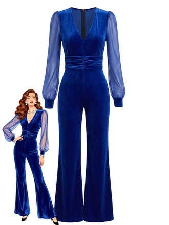 Combinaison bleu royal en velours à manches transparentes évasées années 1940