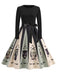 Robe évasée noire Halloween à imprimé crânes, hiboux et chauves-souris Années 1950