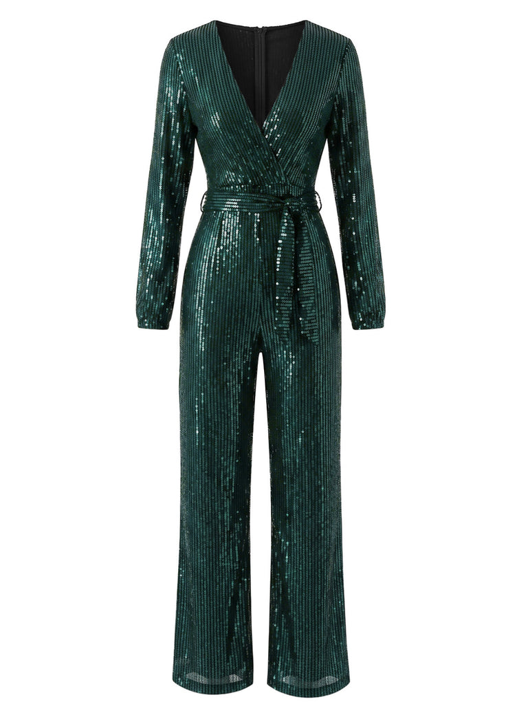 Combinaison à sequins, coupe portefeuille, taille nouée et manches longues années 1930 - 3