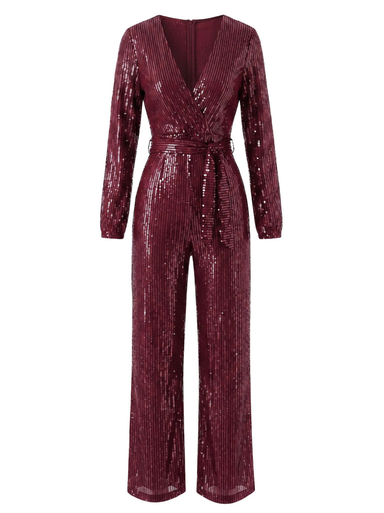 Combinaison à sequins, coupe portefeuille, taille nouée et manches longues années 1930 - 5