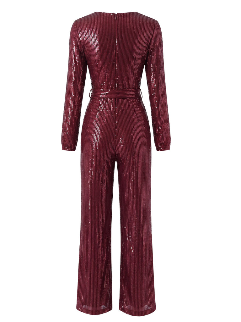 Combinaison à sequins, coupe portefeuille, taille nouée et manches longues années 1930 - 6