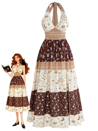 Robe bohème marron à imprimé floral, étoiles et lune, dos nu Halter et smocks années 1970