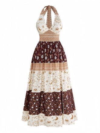 Robe bohème marron à imprimé floral, étoiles et lune, dos nu Halter et smocks années 1970