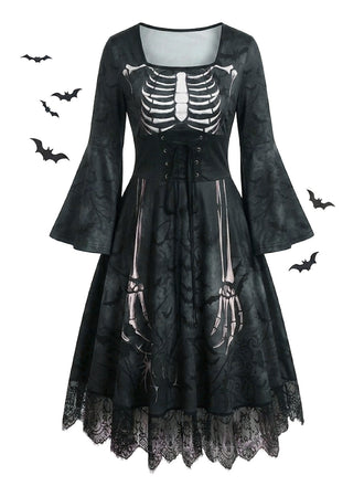 Robe gothique d’Halloween à squelette, manches longues cloche et dentelle années 1950