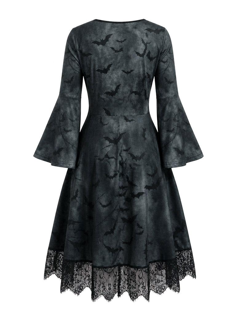 Robe gothique d’Halloween à squelette, manches longues cloche et dentelle années 1950