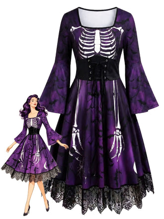 Robe gothique d’Halloween à squelette, manches longues cloche et dentelle années 1950