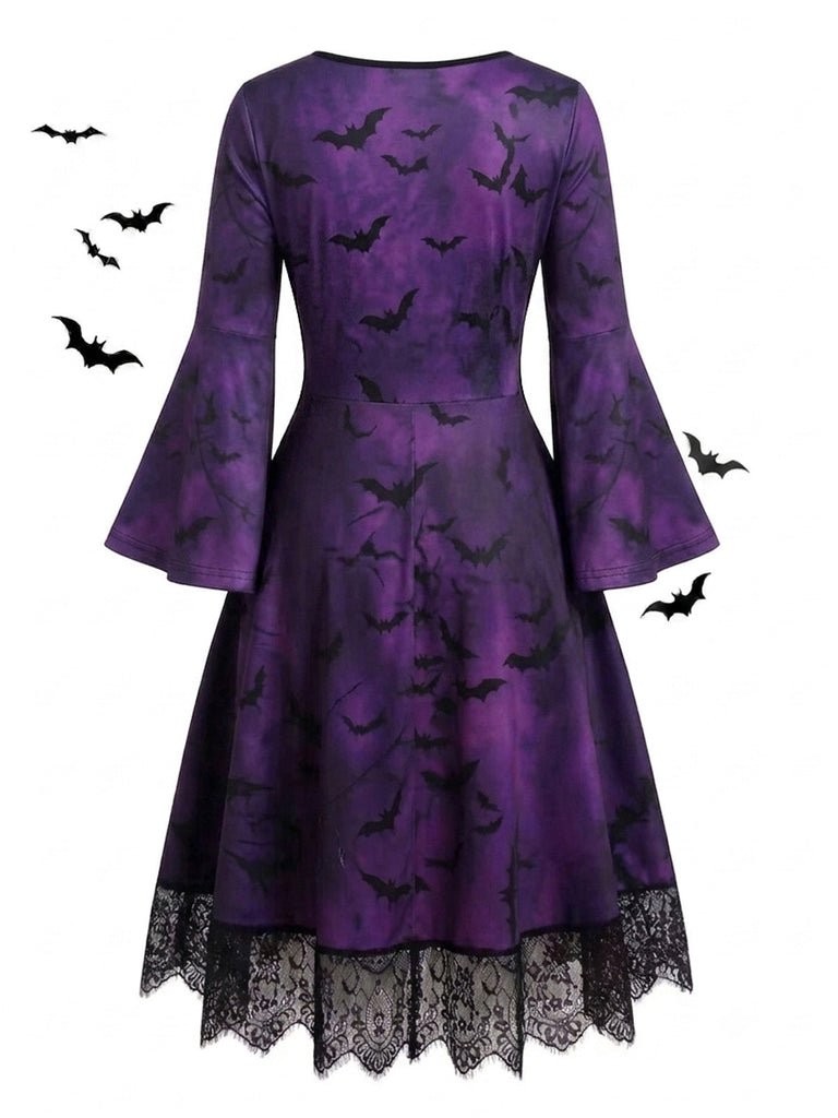 Robe gothique d’Halloween à squelette, manches longues cloche et dentelle années 1950
