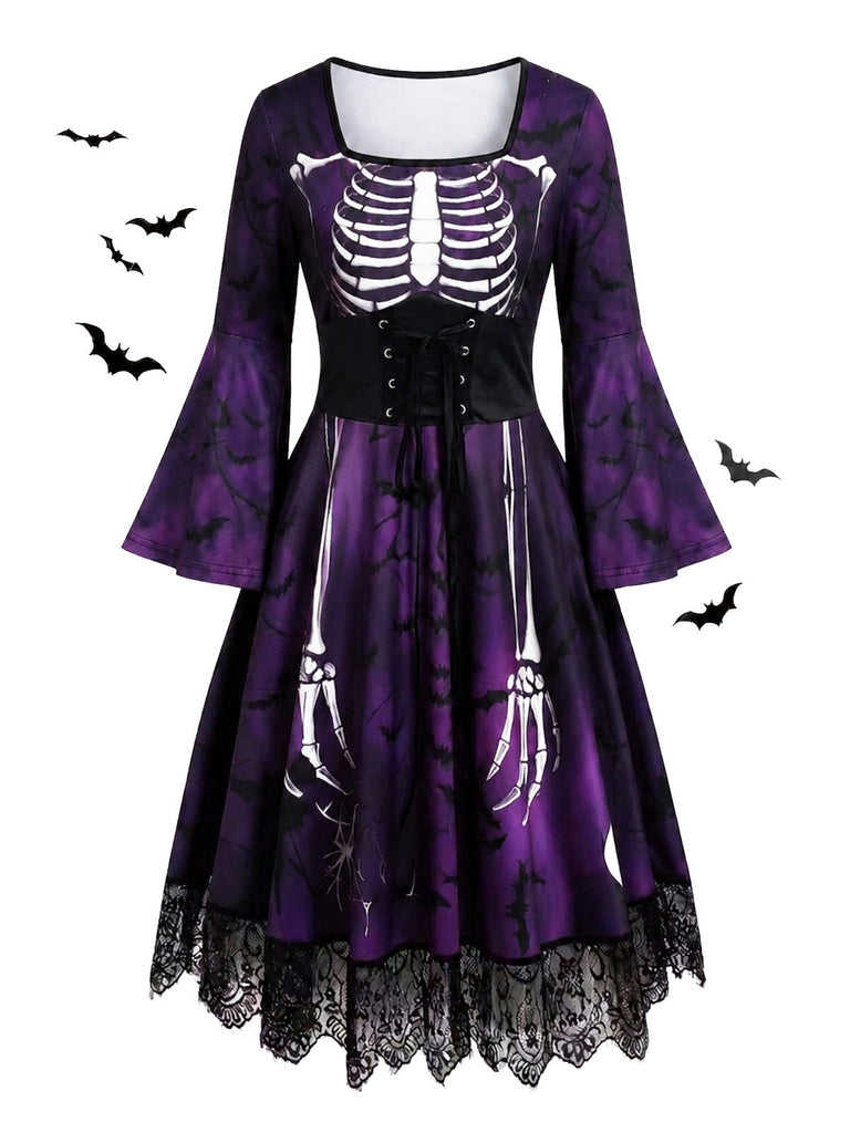 Robe gothique d’Halloween à squelette, manches longues cloche et dentelle années 1950