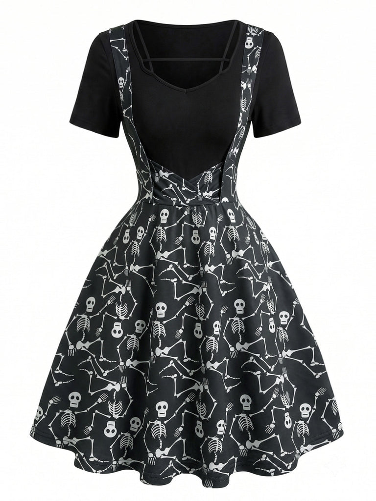 Robe gothique effet deux pièces à col V et imprimé champignons années 1950