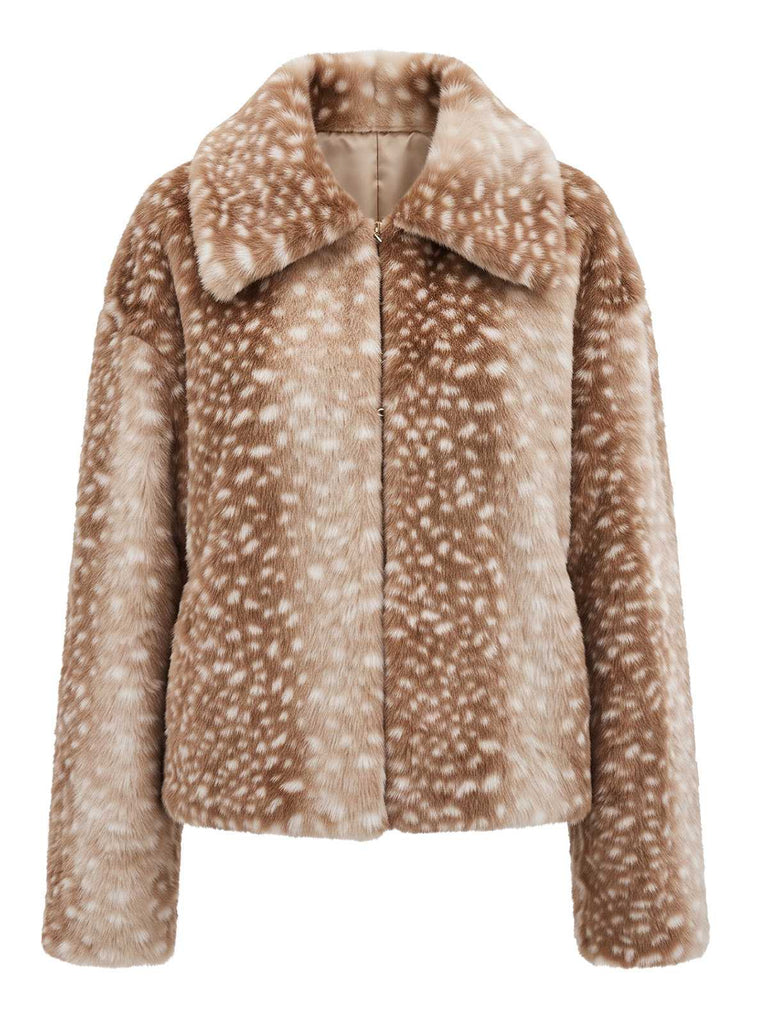 Veste courte marron en fausse fourrure à imprimé cerfs Années 1950