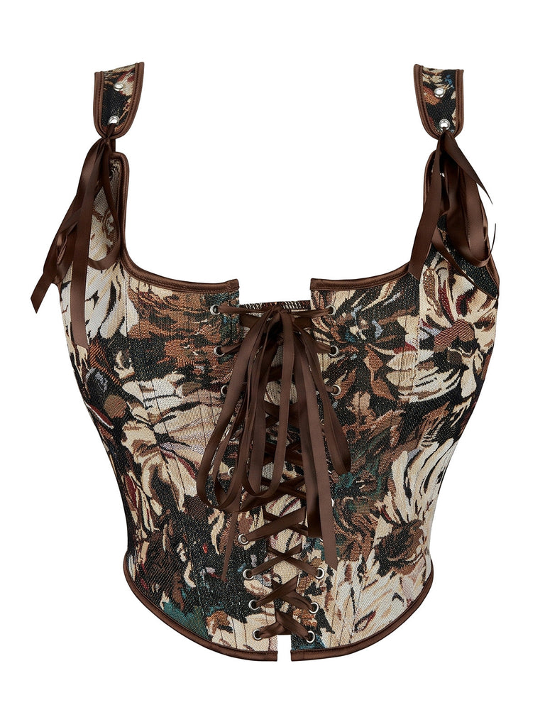 Top corset à imprimé peinture à l’huile, ruban et laçage années 1980