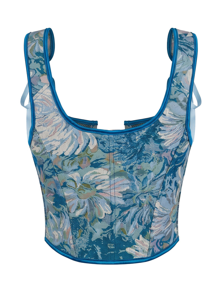 Top corset à imprimé peinture à l’huile, ruban et laçage années 1980