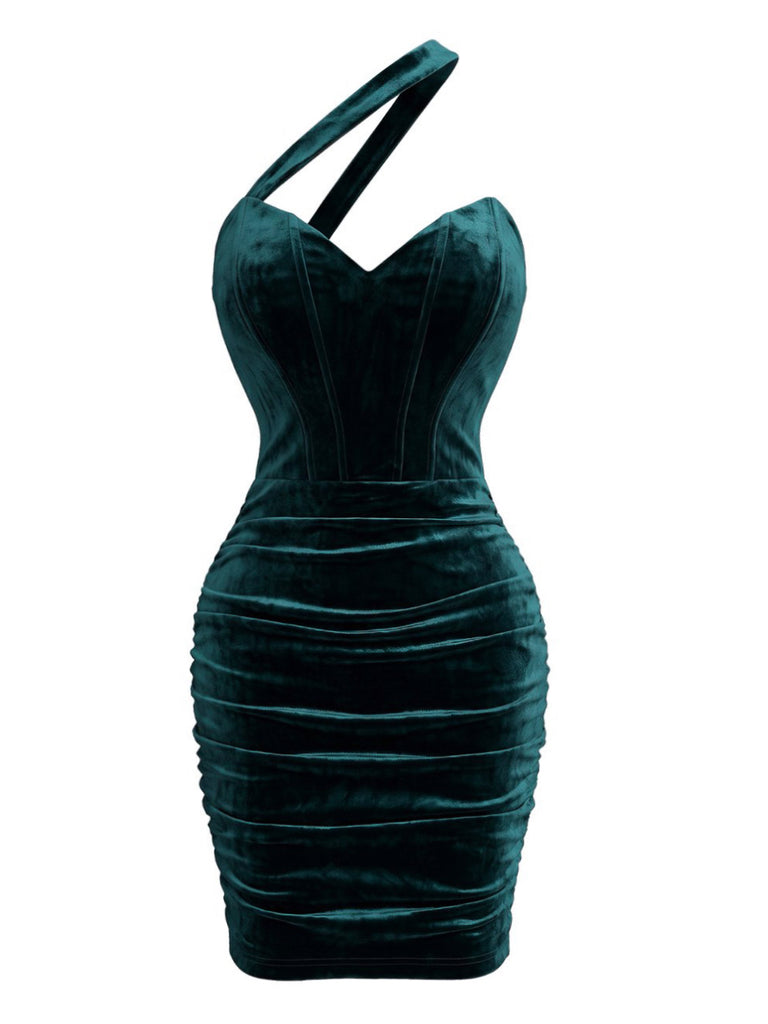 Robe Moulante Froncée en Velours à Épaule Asymétrique Années 1960