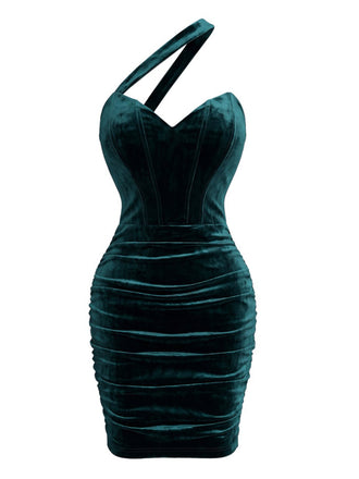 Robe Moulante Froncée en Velours à Épaule Asymétrique Années 1960