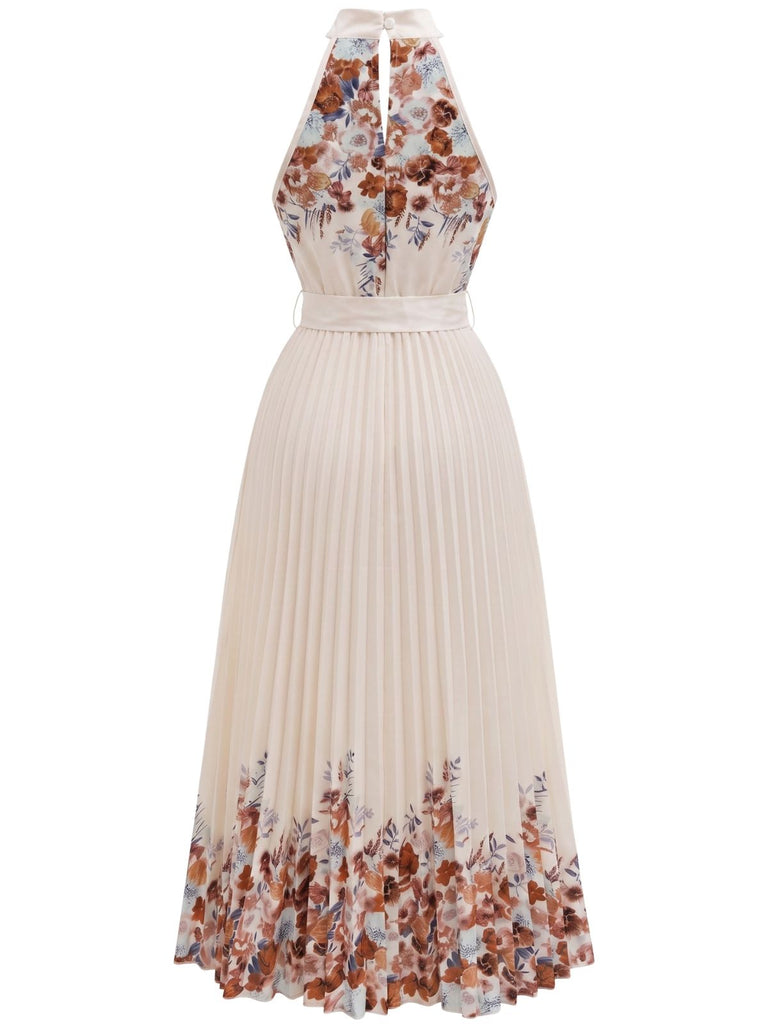 Robe longue beige fleurie, plissée, dos nu et taille nouée années 1950