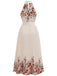 Robe longue beige fleurie, plissée, dos nu et taille nouée années 1950