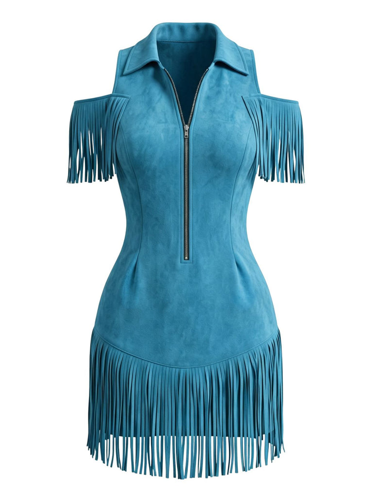 Robe à revers en daim, franges et épaules dénudées Années 1970