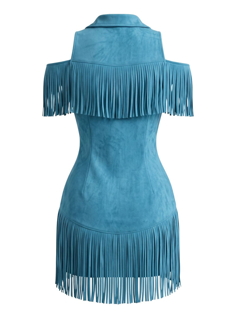 Robe à revers en daim, franges et épaules dénudées Années 1970