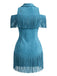 Robe à revers en daim, franges et épaules dénudées Années 1970