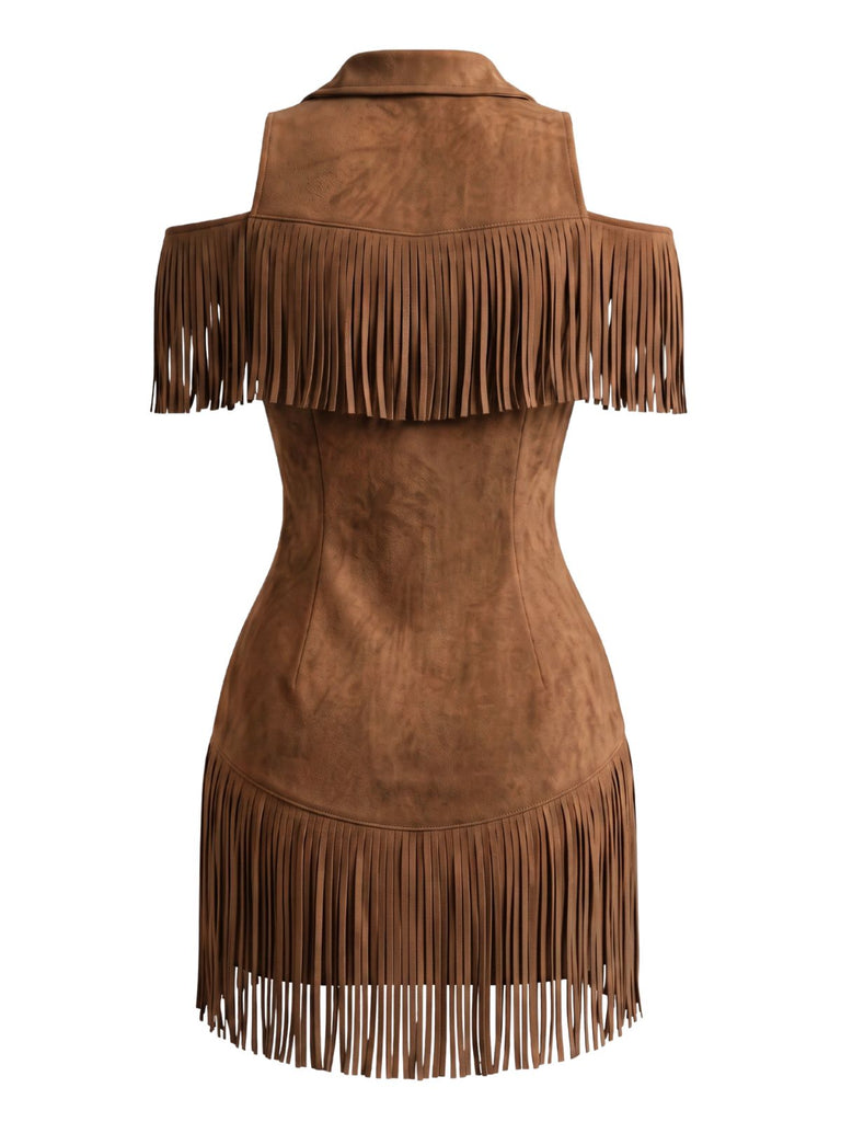 Robe à revers en daim, franges et épaules dénudées Années 1970