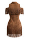 Robe à revers en daim, franges et épaules dénudées Années 1970