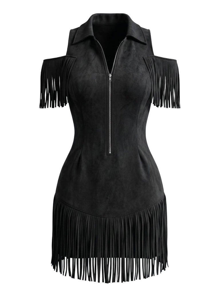 Robe à revers en daim, franges et épaules dénudées Années 1970